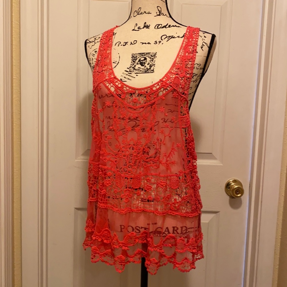 Embroidered coral mesh tank top